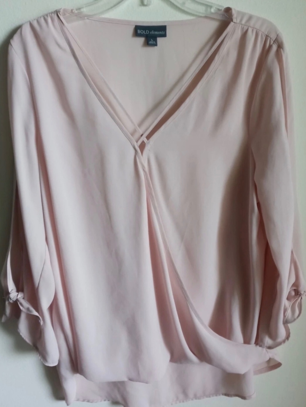 Bold Elements Blush Pink V-Neck Draped Tie-Sleeve 3/4 Sleeve Blouse, Sz M! 🍁